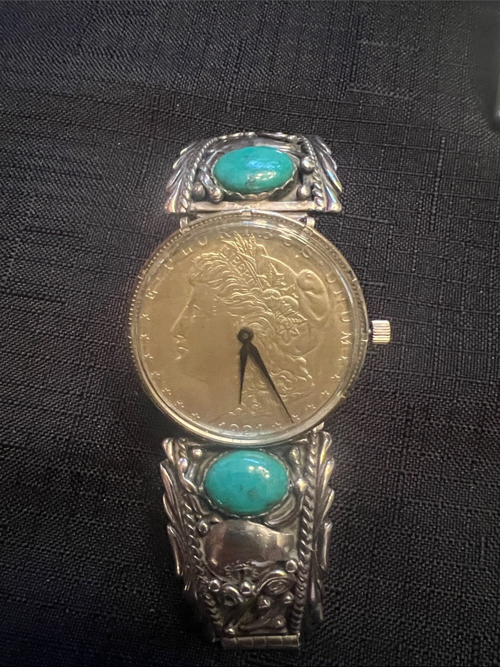 Silver Dollar custom watch w/ Sterling Silver and Turquoise Navajo Vintage Band
